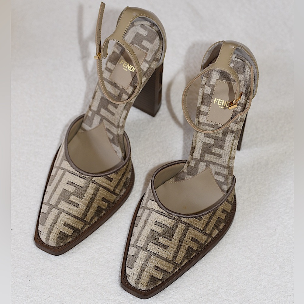 Fendi Chenille Jacquard FF Cut Baguette Ankle Strap Pumps
